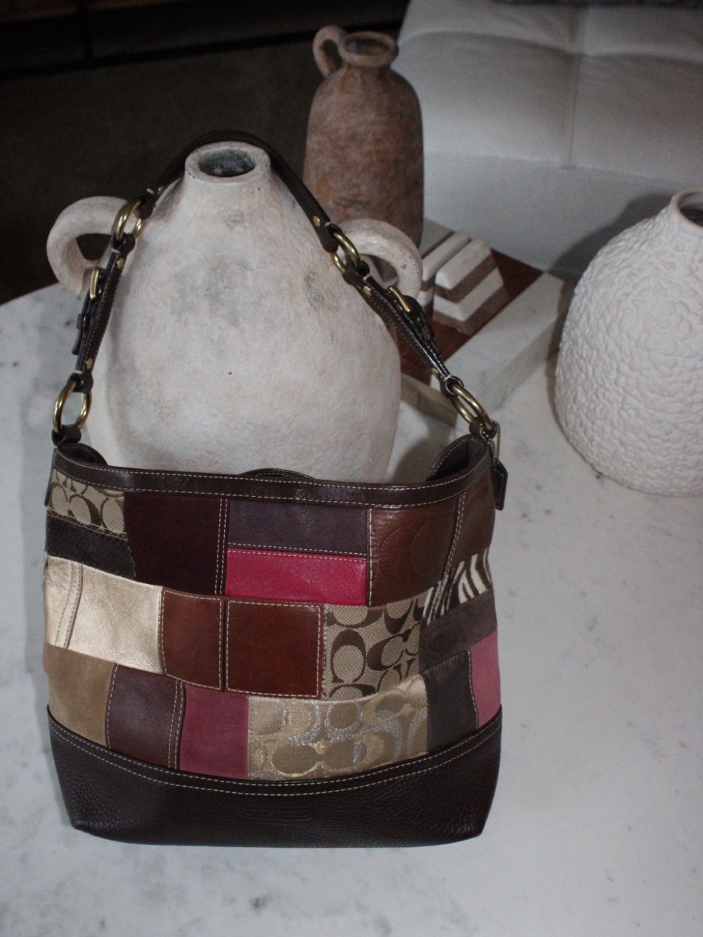 Coach Brown Patchwork Signature Canvas & Leather Shoulder Bag with Gold Hardware